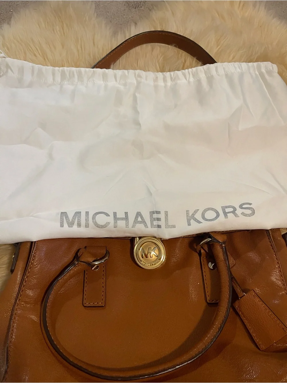 Michael Kors Cognac Leather Satchel with Gold MK Charm